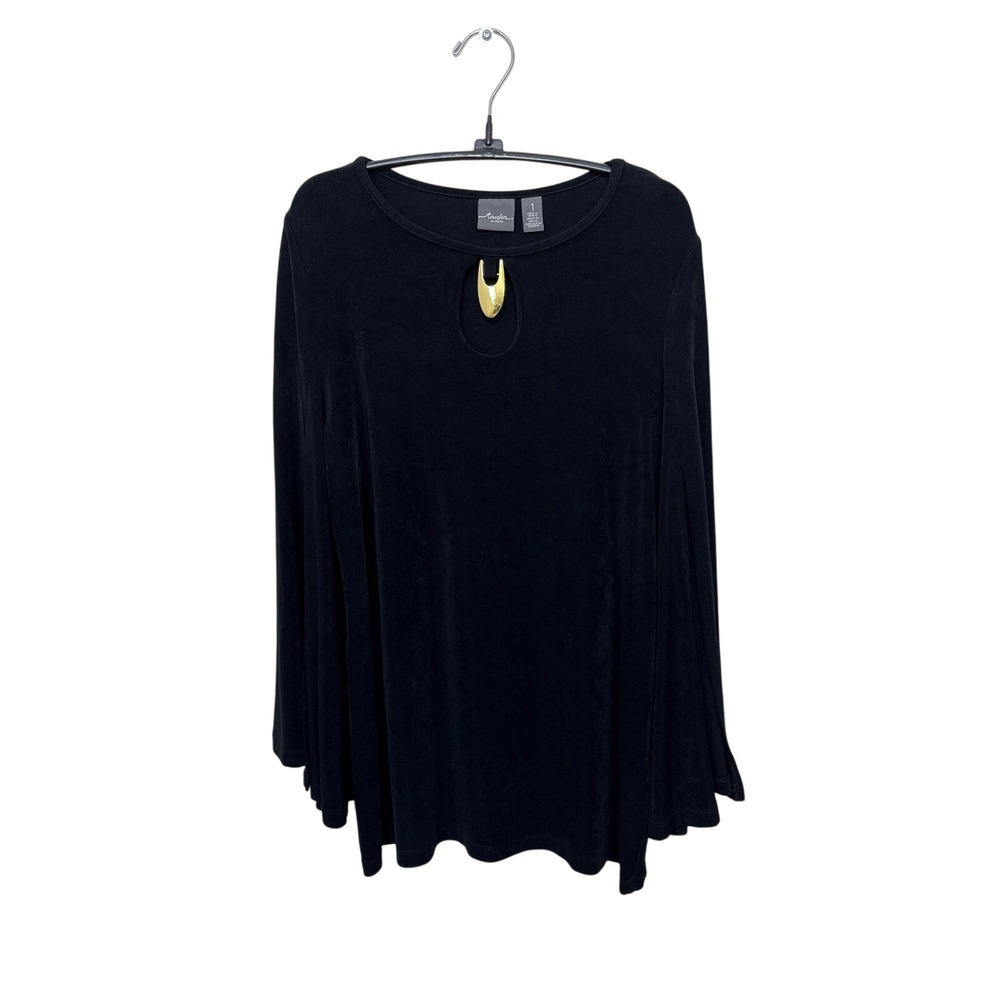 Travelers by Chico's Black Gold Hardware Keyhole Split Bell Sleeve Top Sz 1 Med